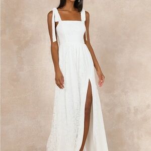 Lulu's White Lace Maxi Dress with Tie Shoulders and High Slit